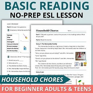 Beginner Adult ESL Short Story Reading Comprehension Worksheets Household Chores