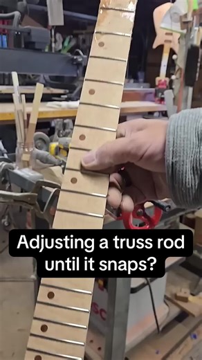 Had some fun in the TMG shop cranking on a truss rod until it snaps! If you're ever worried about adjusting a truss rod, just remember this video, and know you've most likely got a good amount of leeway. #snap #crackle #pop #guitarrepair #luthier