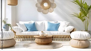 Japandi Living Room Mockup with Minimalist White and Blue Tones Featuring Rattan Furniture. Concept Home Decor, Japanese Design, Scandi Style, Minimalist Living, Rattan Furniture