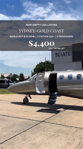 ✈️ New EmptyLeg Listing! 📅 Monday, 6 October 🕛 Departs at 8:30PM 📍 Route: Sydney → Gold Coast 🛫 Onboard the Citation CJ2 👥 Seats: Up to 6 passengers 💰 All-inclusive: $4,400 total 🔗 Link in bio to book now. | EmptyJets (Australia)