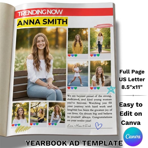 Graduation Yearbook Template: Editable Full Page Senior Yearbook Ad Tribute, Magazine Theme (canva) - Etsy