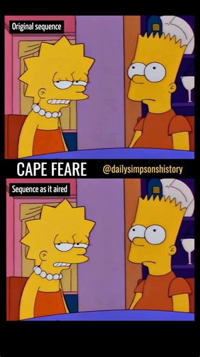 On This Day in Simpsons History on Instagram: "This scene from The Simpsons episode “Cape Feare” originally contained a cutaway gag where Bart stole Grampa’s tobacco spittoon, making Bart suspect Grampa was the one sending him threatening letters. The scene was cut down for pacing very late in production and noticeably recut as the shorter scene below. Unfortunately, the cut did not help them with the overarching problem with the short run time for the episode, and other gags had to be added to 