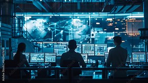 Professionals working in a high-tech control room filled with multiple screens and digital displays, managing complex data systems