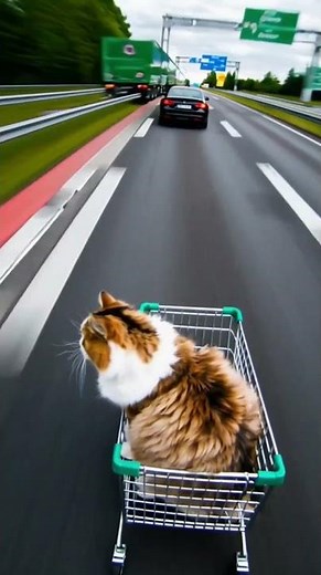 Cat races down the highway in a shopping cart!