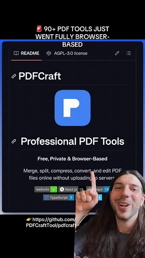 🚨 90 PDF TOOLS JUST WENT FULLY BROWSER-BASED PDFCraft is the open-source toolkit that runs 100% in your browser via WebAssembly. Ships with: • Merge, split, OCR, encrypt, convert, sign, compress • 90 total tools • No uploads, no servers • Your files never leave your machine The ultimate local PDF Swiss Army knife. 👉 https://github.com/PDFCraftTool/pdfcraft Who’s handling PDFs in the browser today? Drop a 🔥