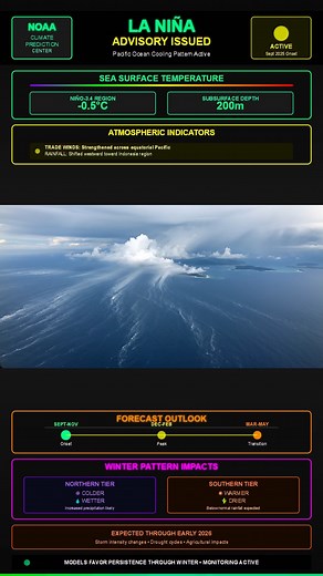 🌊 La Niña Has Returned. The Pacific Has Shifted. 🌍 Cooler waters are spreading across the Pacific, confirming the start of a new La Niña phase. This shift is already influencing global weather, changing rainfall patterns, storm tracks, and temperature extremes heading into winter. Experts say it could bring colder, wetter conditions across the northern United States and warmer, drier weather across the South, with effects lasting well into 2026. #LaNina #ClimateUpdate #NOAA #WeatherAlert #ENSO