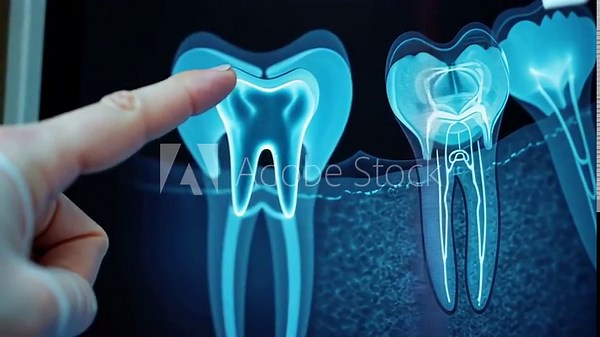 dental x-ray, tooth anatomy, radiographic imaging. Dental health. Molars show decay in dental x-ray. Tooth roots appear clear on radiographs. Enamel thickness visible on detailed x-ray.