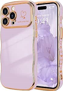 LCHULLE for iPhone 14 Pro Max Case for Women Girls, Cute Wave Frame Curly Shape with Love Heart Raised Camera Protection Cover Luxury Plating Shockproof Phone Case for iPhone 14 Pro Max, Light Purple