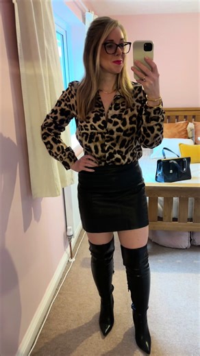 Leopard Print Satin Shirt Leather Skirt Thigh High Boots Outfit #ootd #leatherlook #thighhighboots #StyleConfidence #outfitidea