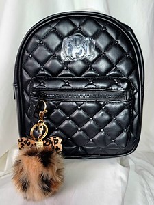 Badgley Mischka Black Mini Studded Quilted Backpack w/ Leopard Bow Pompom, NWT