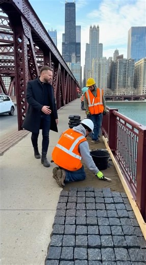 Chicago Bridge Transformation: Ukrainian Basalt Paving by STARBERG Chicago Stone Labradorite Gabro