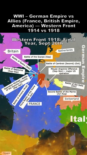 N WWI – German Empire vs Allies France, British Empire, America — Western Front 1914 vs 1918 2