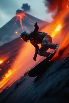 person surfing near a volcano with lava #shorts #aivideo