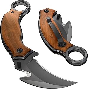 Grand Way Karambit Knife with Wood Handle - Best Folding Knife w/Curved Sharp Claw Blade - Cool Pocket Knives for Camping Hiking EDC Survival - Gifts for Men