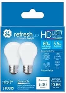 GE Lighting Refresh LED Light Bulbs, 60 Watt Eqv, HD Daylight, A15 Ceiling Fan Light Bulbs, Medium Base (2 Pack)