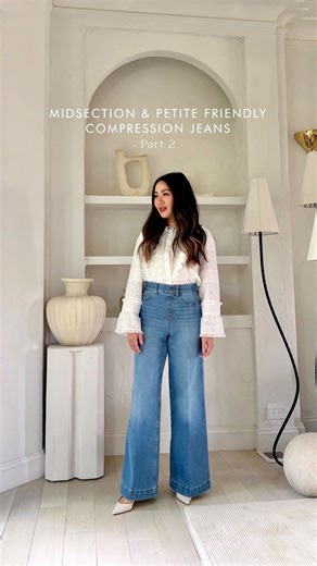 Wendy Nguyen on Instagram: "Midsection and petite friendly jeans, Part 2! This time, replacing the zippers with invisible compression waistbands for support and a clean look. The waistband holds and moves with you, so it’s very comfortable when sitting. Sleek in the darker wash and casual in the lighter shade. Comment ‘JEANS’ for links and sizing reviews to your DM 📩 The search for comfort is never ending!"