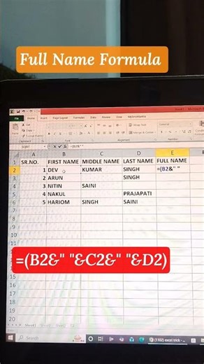 Full Name in excel || Ms excel short trick #excel #tricks