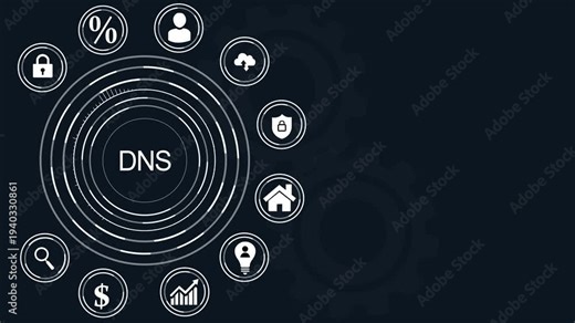 DNS Domain Name System network diagram with icons and dot background technology internet, abstract circles and gears background.4k Animation.