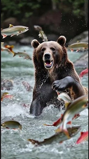 Grizzly Bear vs Salmon Run 🐻🐟 The Wildest Fishing Battle in Nature! #GrizzlyBear #SalmonRun #shorts