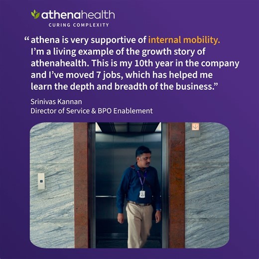 14 reactions | At athenahealth, we empower our athenistas to grow and develop their careers through internal opportunities. Srinivas believes, "curing complexity means using change as an opportunity to both transformation and growth." Discover how you can advance your career and transform healthcare at the same time! Find a role that’s right for you: https://bit.ly/48f7t88 #athenistas #CuringComplexity #athenaCulture #athenahealth #HealthcareInnovation | athenahealth | Facebook