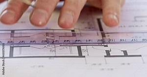 Man hands make measurements of length and draw line using ruler and lead pencil. Skilled hands draw on building project lying on surface