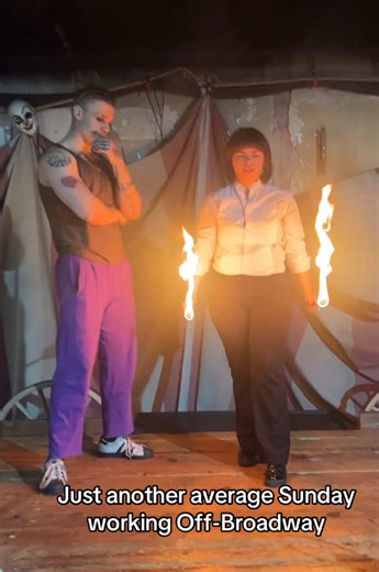 I started 2025 painting bald men blue, and now I have a job where I get to play with fire. That’s New York. #pyromancy #newyork #offbroadway #theatre #musicaltheatre