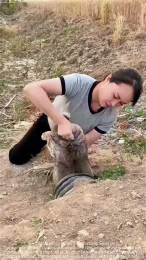 The process of a woman catching a rabbit from a water pipe
