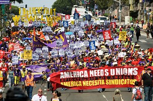 On Labor Day, low-wage workers and union activists marched through downtown L.A. in support of workers' rights: http://lat.ms/2vGwCYe | Los Angeles Times