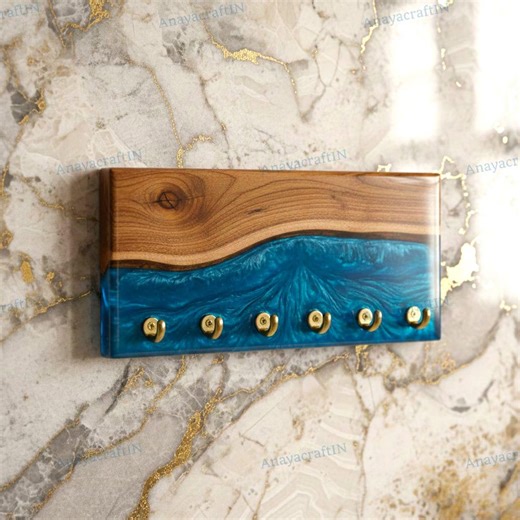 Epoxy Key Holder Blue | Rustic Wood Wall Decor for Home & Entryway Organizer - Etsy UK
