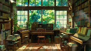 Animation Cozy library with books, piano, and greenery generated with ai