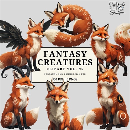 Magical Fox Clipart Pack | Fantasy Fox Creatures With Runes & Horns | Enchanted Woodland Fox PNG | Fantasy Animal Clipart - Etsy