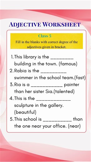 Adjectives worksheet class 5 degree of comparison #tutor #englishgrammar #quiz