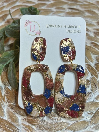 Handmade Abstract Mosaic Polymer Clay Earrings | Burgundy, Navy & Gold Statement Dangles | Handcrafted Artisan Earrings - Etsy