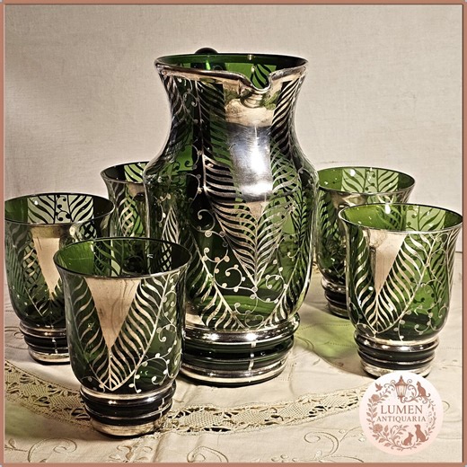 Vintage Green Glass Pitcher Set With Silver Overlay – Hand Blown Glass, Botanical Design, 1930s - Etsy