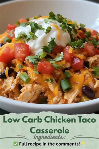 Low Carb Chicken Taco Casserole Ingredients (for 5 people) 2 cups cooked chicken, shredded 1 cup cauliflower rice (fresh or frozen) 1 can (15 oz) black beans, drained and rinsed 1 cup diced tomatoes with green chilies 1 cup shredded cheddar cheese, divided 1/2 cup sour cream 1 tbsp taco seasoning 1/2 cup green onions, chopped, divided 1/4 cup fresh cilantro, chopped Salt and pepper, to taste Instructions Preheat oven to 375°F (190°C) and lightly grease an 8x8-inch baking dish. In a large bowl, m