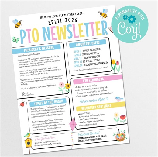 April PTO Newsletter Template, Spring Theme Editable School Flyer, PTA Newsletter (corjl Template, 8.5x11 Inches) - Etsy