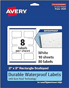 Avery Durable Waterproof Rectangle Scalloped Labels, Sure Feed Technology, 2" x 3", 80 Total, Oil and Tear-Resistant Waterproof Labels, Print-to-The-Edge, Laser/Pigment-Based Inkjet Printable