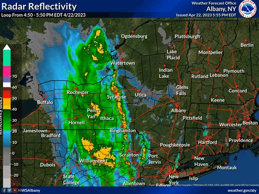 A radar loop from the last hour shows a line of showers and thunderstorms to our west that will move into western portions of our area in a couple hours. Thunder and briefly heavy rain are possible once these storms arrive, but the threat for severe weather looks low in our area. | US National Weather Service Albany NY
