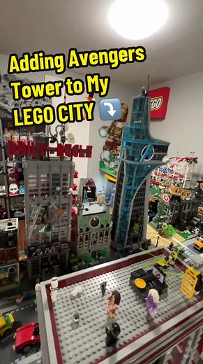 Adding the LEGO Avengers Tower to my giant LEGO City! ✅🏙️ #lego #legomarvel #avengers #legocity #legocitylayout #legocitylayout #marvel