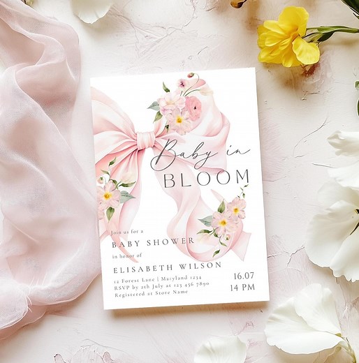 Pink Bow Baby in Bloom Baby Shower Invitation Template Elegant Floral Design Coquette Baby Girl Pink Ribbon Printable Canva Invite Template - Etsy