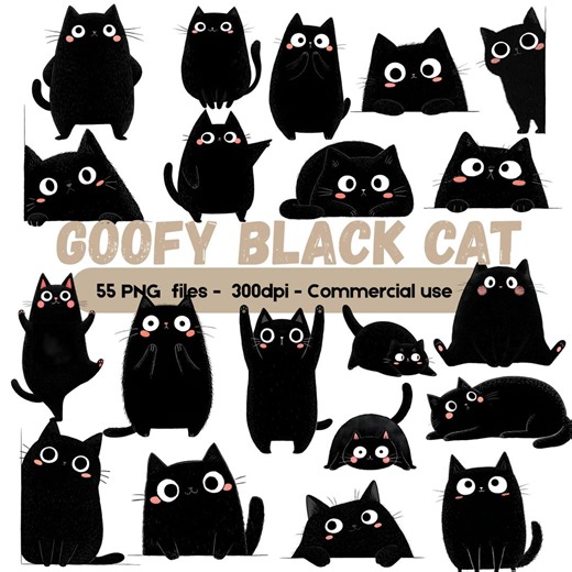 Funny Black Cat Clipart Bundle, Cute Silly Cat PNG, Cartoon Kitty Poses, Kawaii Cat Graphics, Commercial Use - Etsy