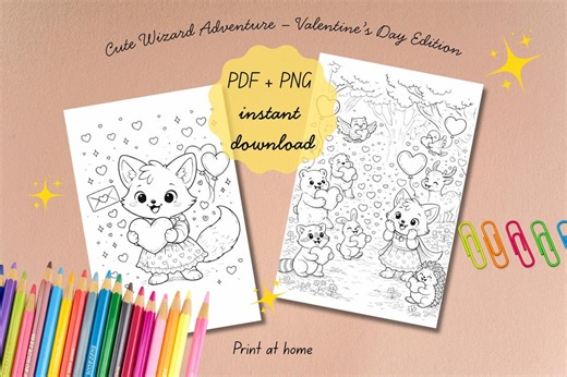 Valentine's Day Wizard Fox Coloring Pages – Kids Printable (digital Download) - Etsy
