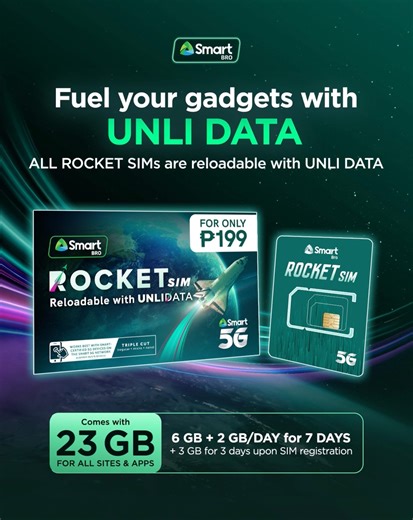 Power up your device with 5G connectivity and make the experience unlimited! Get the Smart Rocket Sim now and receive 23GB worth of data for all sites and apps, reloadable with Unli Data offers, too! Buy now for just P199 at any Smart store or at smrt.ph/fbrs199 🚀 | Smart Communications, Inc.