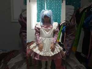 Pink PVC plastic Holo Maid putting on Pink Boots