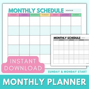 Undated Monthly Planner Printable Landscape, Colorful Monthly Calendar, Monthly Schedule Instant Download A4/letter Monday & Sunday Start - Etsy