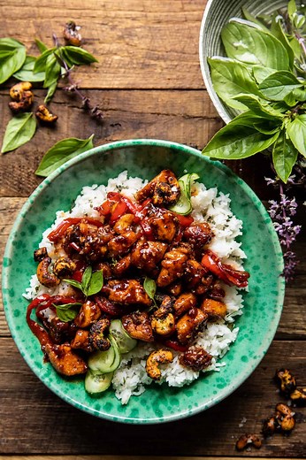 Thai Basil Sesame Cashew Chicken with Coconut Rice.