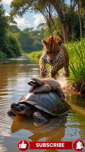 Unbelievable Bond: Turtle Protects baby Sloth Across the River Under Predator’s jaguar🐆