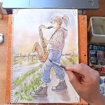 【321】Evening Practice｜Tenor Sax Girl ⭐️ Original Illustration オリジナル水彩イラスト“Bewitched”