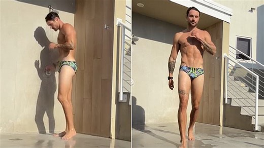 Dylan Efron puts his toned figure on display in a speedo