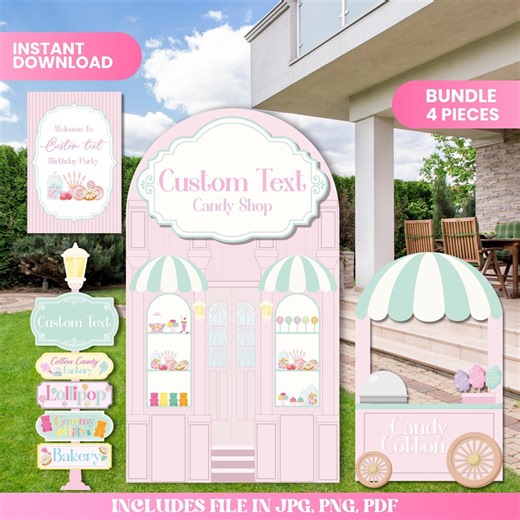 Candy Shop Party Bundle, Pink Candy Shop Backdrop, Cotton Candy Stand Frame, Candy Directional Sign, Welcome Sign, Custom Text, Candy Decor - Etsy